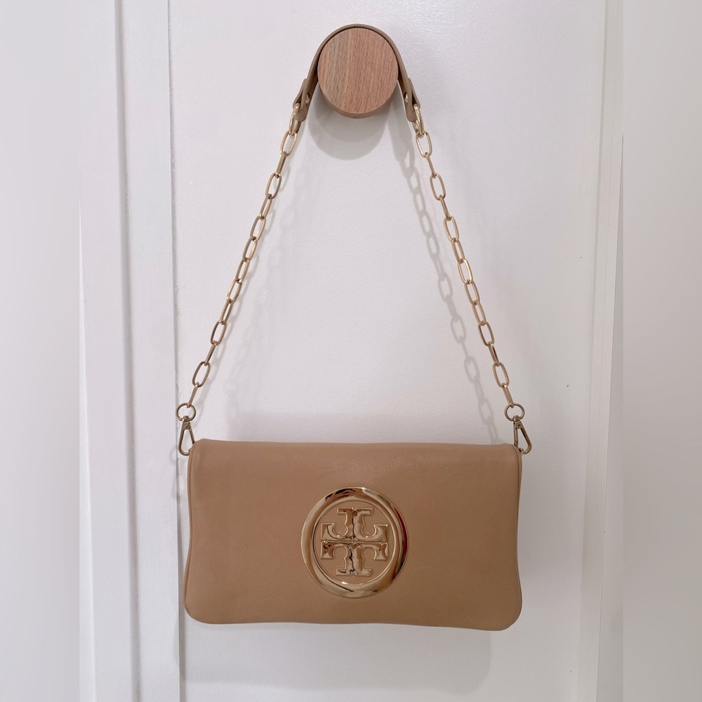 Tan colored shoulder bag with gold chain